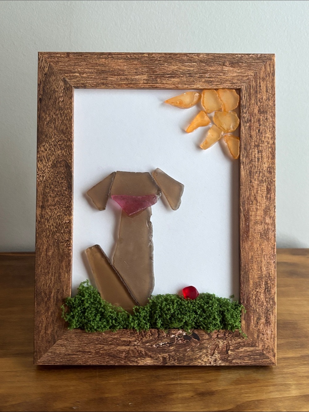 Artisan Brown Sea Glass Dog with Yellow Sun and Red Ball Accent